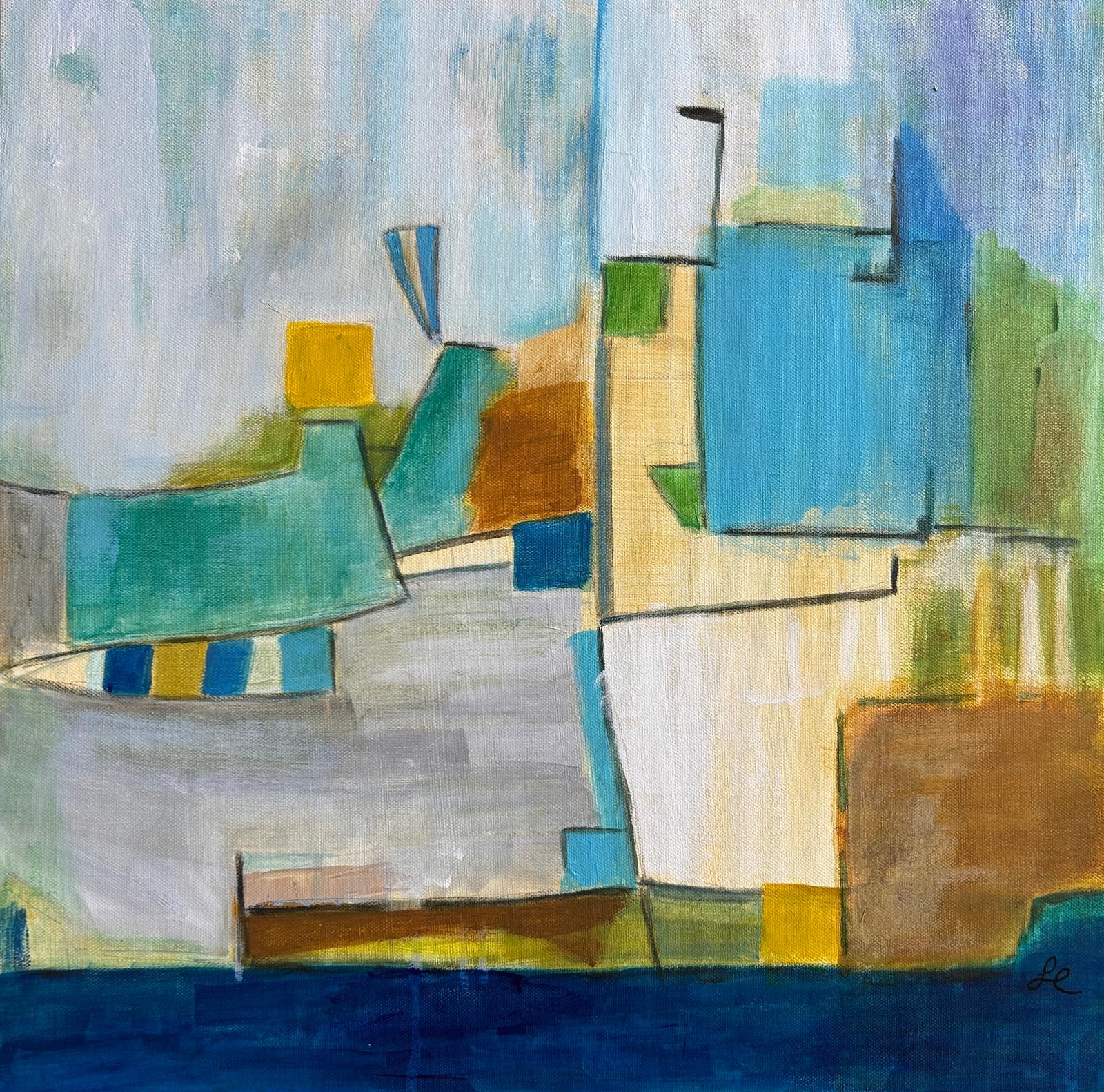 Linda Church - Carnival This is an abstract painting with a composition of geometric shapes and a vibrant color palette. The painting features a patchwork of rectangles and irregular shapes in shades of blue, teal, mustard yellow, and earthy browns. Some areas are outlined in fine black lines, giving the painting a structured yet free-flowing feel. The bottom portion has a deep navy blue section, resembling a body of water or a shadowed surface. The overall effect is dynamic and modern, evoking a sense of movement and urban energy.