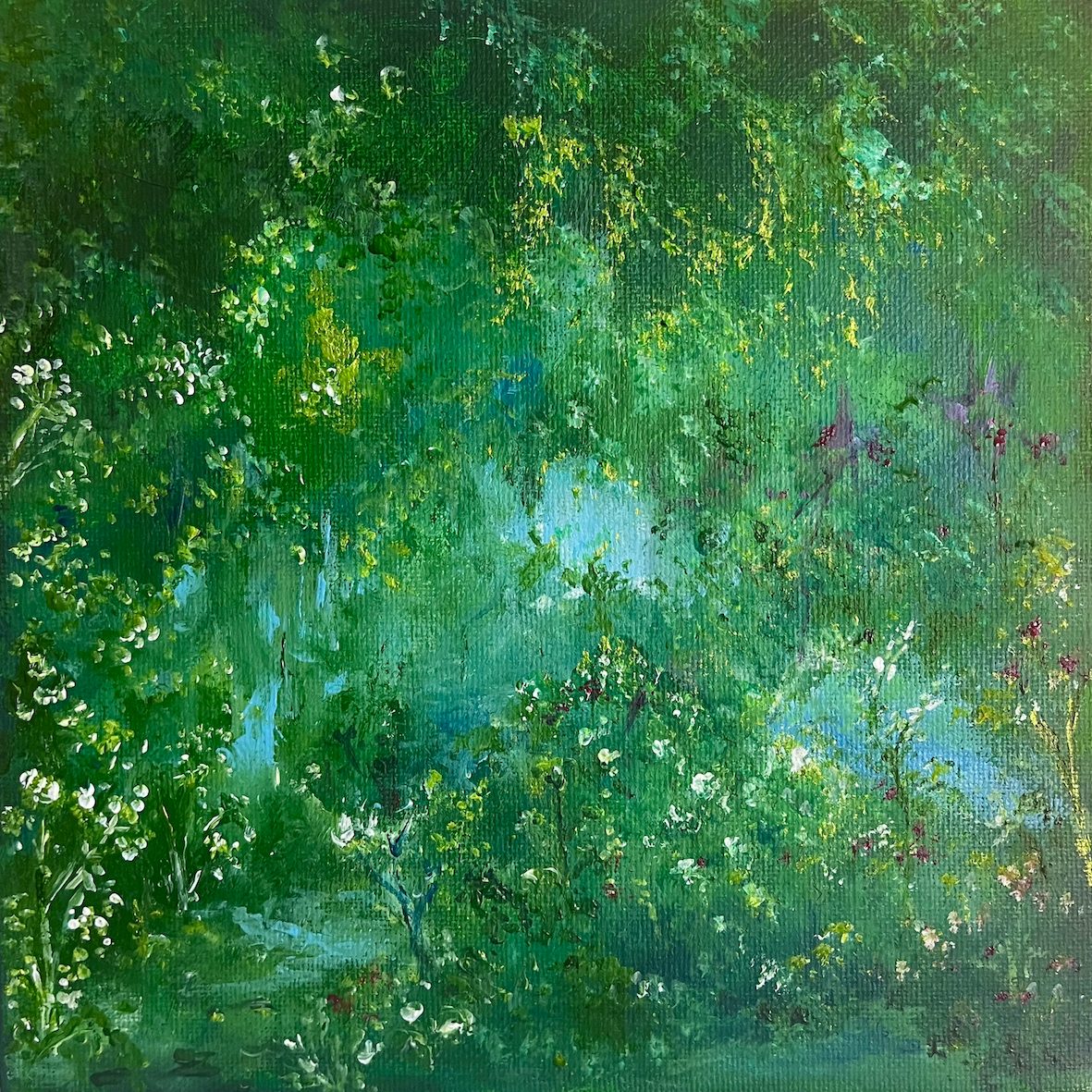 The Wild Pond Mini - Liz English A lush, impressionistic painting of a dense, green landscape, likely titled The Wild Pond Mini. The canvas is filled with varying shades of green, from deep forest tones to bright, fresh hues, suggesting a vibrant and overgrown natural setting. Dabs of white, yellow, and light blue are scattered throughout, representing small flowers, light filtering through foliage, or reflections on water. The brushstrokes are loose and expressive, creating a dreamy, almost magical atmosphere reminiscent of a secluded pond hidden within a thick, wild garden. There are no distinct objects—everything blends in soft, layered textures, evoking tranquility and nature's quiet chaos.