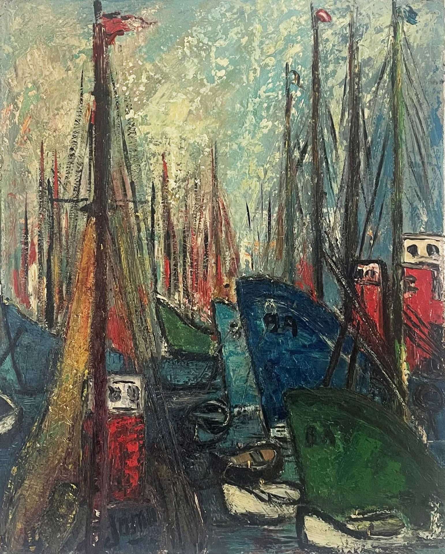 Boats A vibrant impressionist-style painting of a harbor with multiple sailing vessels and boats. The scene features tall masts and rigging of sailboats in various colors including blue, green, and red. The boats appear to be docked in a harbor with a textured sky rendered in turquoise and yellow tones. The painting has thick, expressive brushwork characteristic of post-impressionist style.