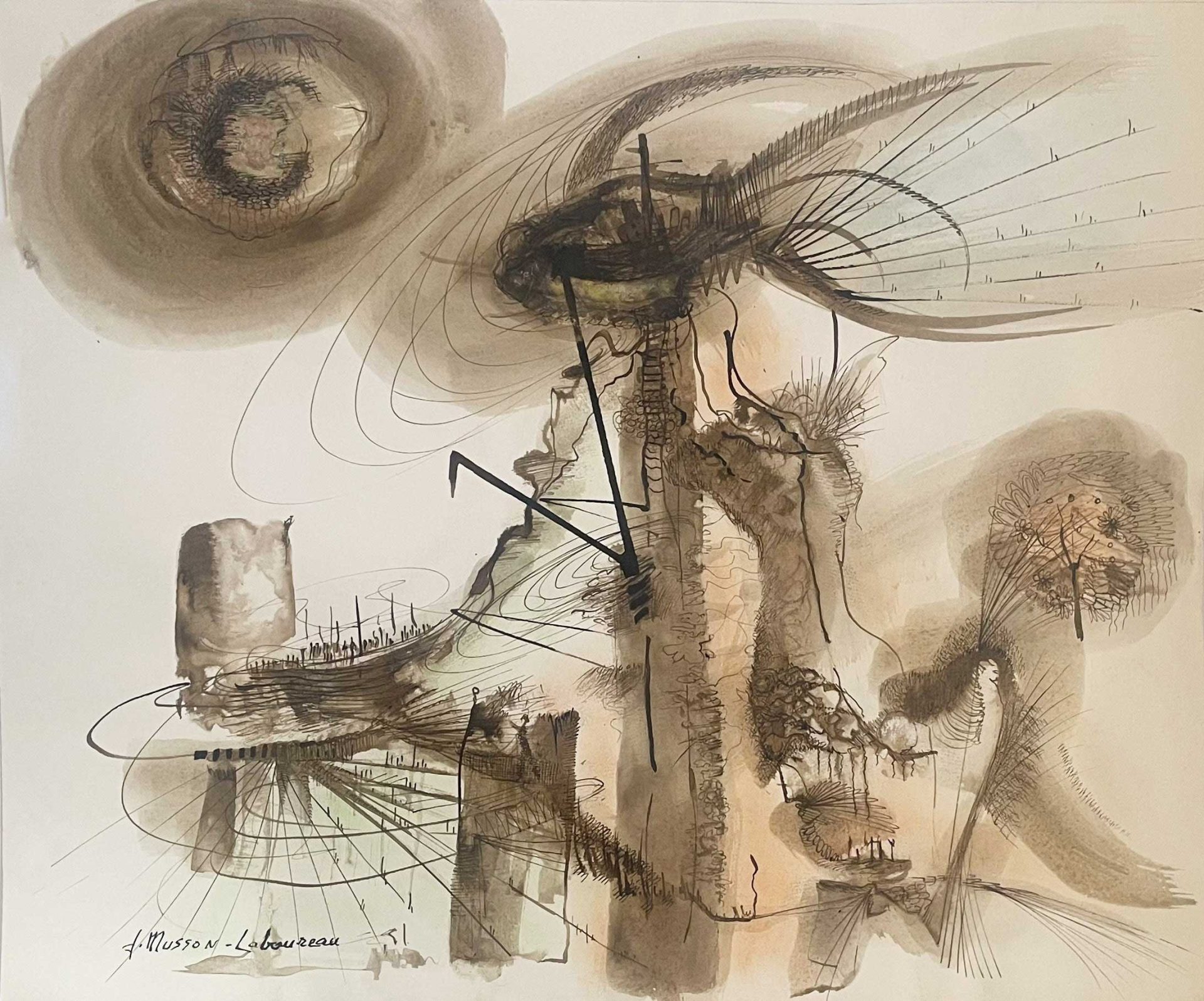 An abstract drawing/painting in brown and black ink tones on cream paper. It appears to be a loose, gestural composition with flowing lines and organic forms. The work is signed "J. Musson-Laboureau" in the bottom left corner. The drawing features swirling lines, circular motifs, and biomorphic shapes that suggest movement.