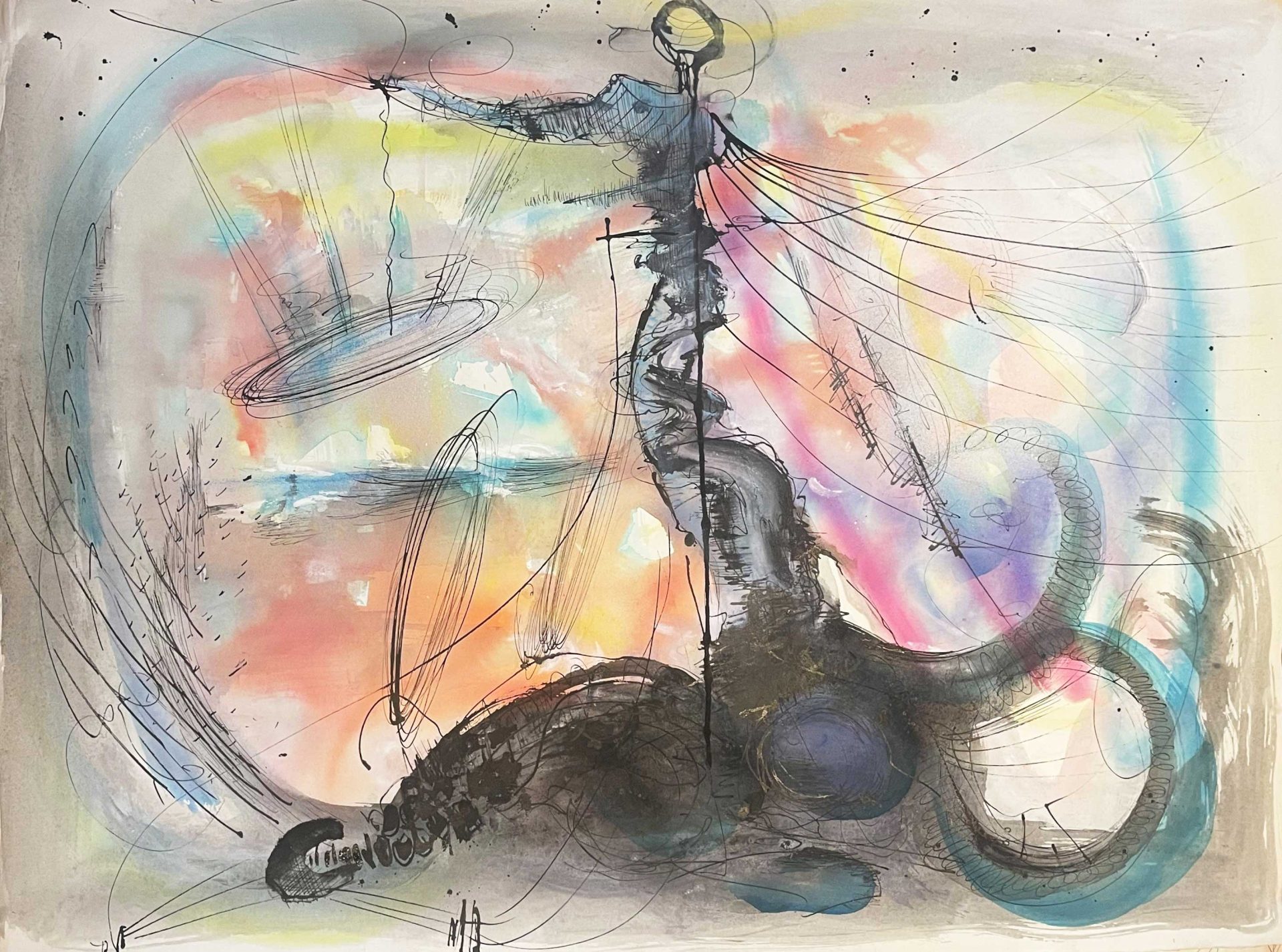 abstract watercolor/ink drawing with dynamic black lines and colorful washes in pink, yellow, blue, and orange. This piece features a central dark vertical form that appears to radiate outward with flowing lines. The background has soft, dreamlike color transitions.
