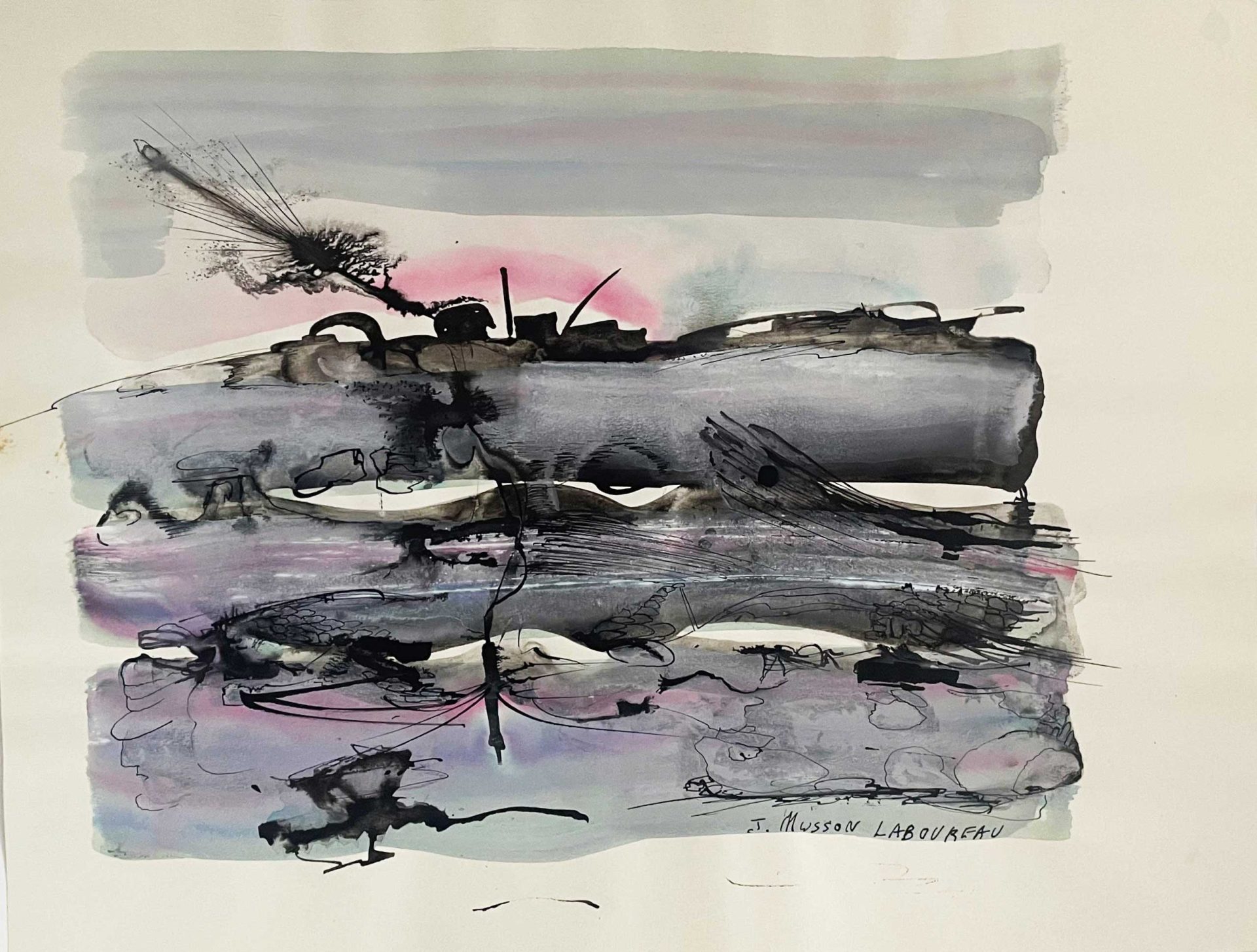 An abstract watercolor and ink composition in primarily gray, black, and pink tones. This piece has horizontal bands of gray wash with delicate black line work creating subtle textures. It's also signed "J. Musson Laboureau" in the bottom right corner.