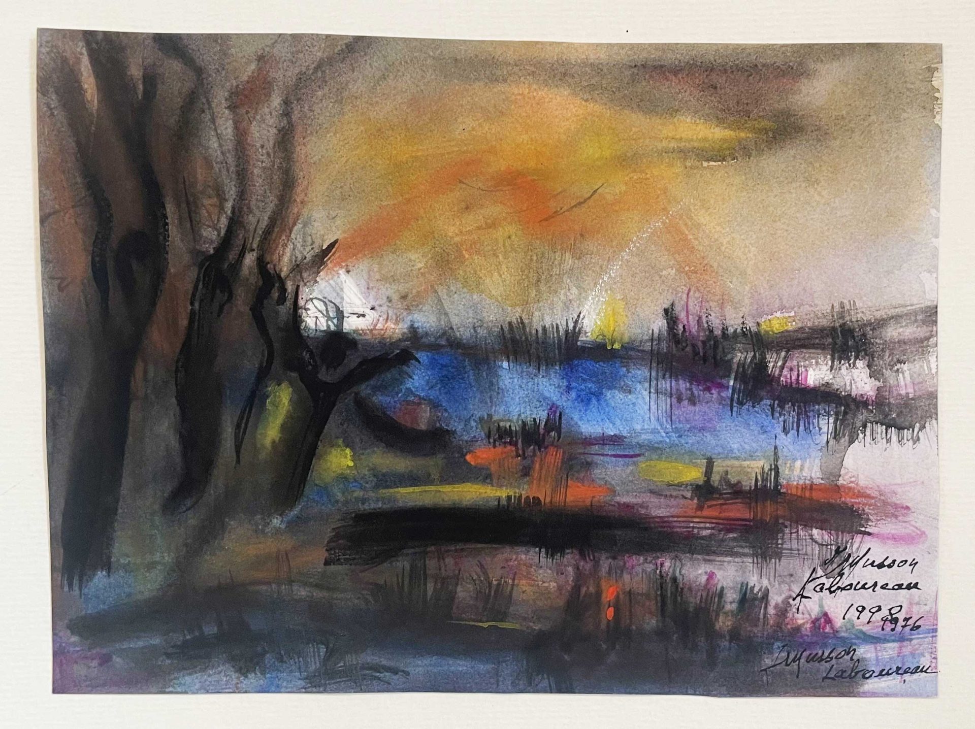 River A landscape-oriented abstract watercolor with vibrant colors including orange, yellow, blue, and black. There appears to be a suggestion of a tree or vertical form on the left side with a blue area that might represent water in the middle. The horizon has warm orange and yellow tones suggesting a sunset. It's signed "Musson Laboureau" with what appears to be a date of 1998.