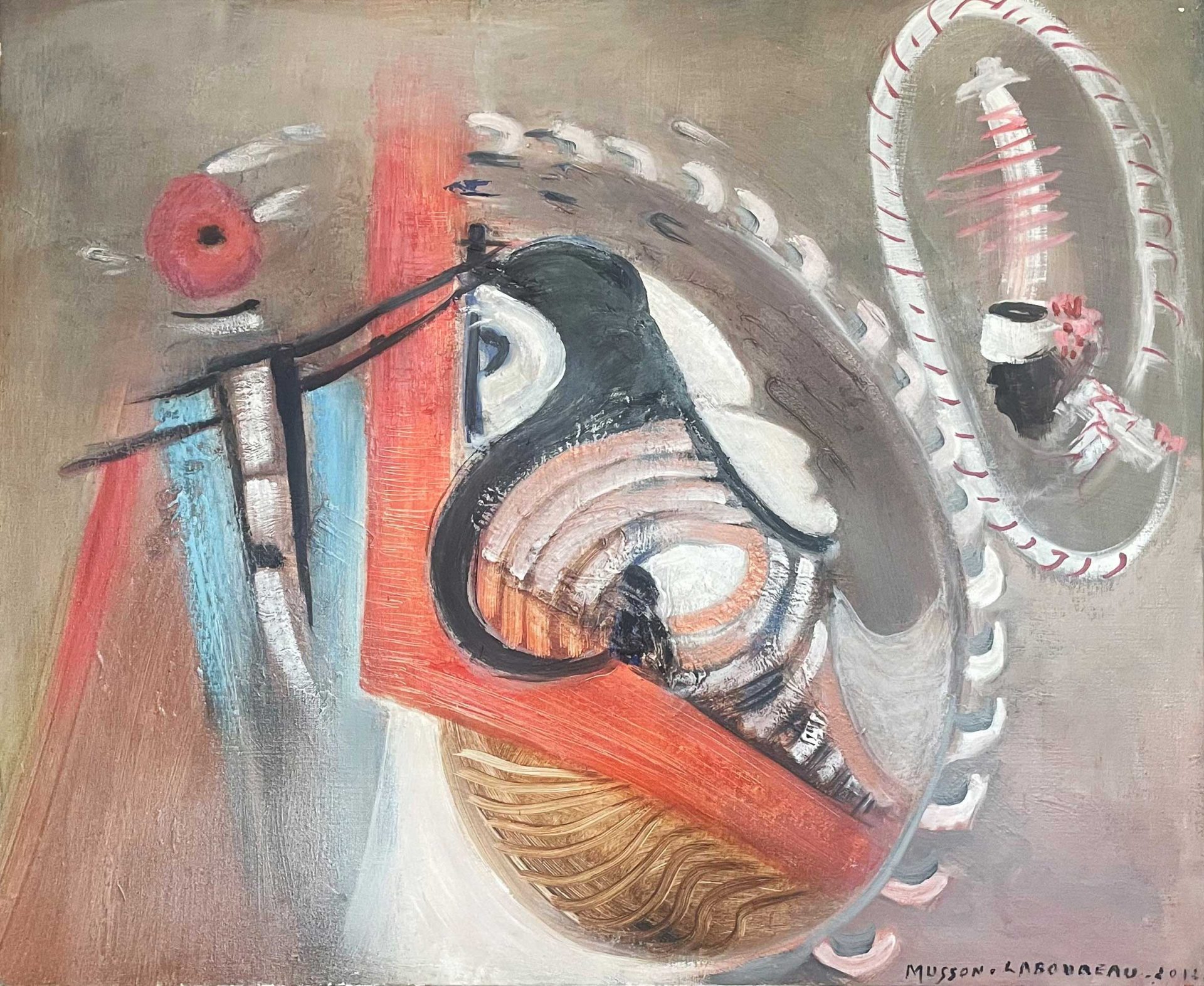 person-coil A more structured abstract painting with curved shapes in red, white, black, and blue. This work has a more defined composition with circular forms, curved lines, and a striped loop or arch on the right side. The background is a muted gray/beige tone, and it's signed "Musson & Laboureau" with a date at the bottom right.