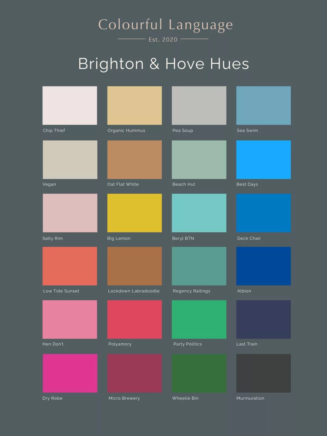 A graphic poster titled “Brighton & Hove Hues” showing a grid of 24 coloured squares arranged in six rows and four columns. Each square features a different solid colour with a playful name printed beneath it. The background is dark grey, and the title is centered near the top in white text, with the words “Colourful Language – Est. 2020” above it. The colours and labels, row by row from left to right, are: Row 1: – Pale cream labelled Chip Thief – Soft mustard yellow labelled Organic Hummus – Light grey labelled Free Soup – Mid blue labelled Sea Swim Row 2: – Warm beige labelled Vegan – Mid brown labelled Out for a Waffle – Pale green labelled Beach Hut – Bright sky blue labelled Best Days Row 3: – Light pink labelled Salty Rim – Bright yellow labelled Big Lemon – Aqua turquoise labelled Beryl BTN – Strong blue labelled Deck Chair Row 4: – Coral red labelled Low Tide Sunset – Rich brown labelled Lockdown Labradorable – Dusty teal labelled Regency Railings – Deep navy labelled Albion Row 5: – Soft peach‑pink labelled Hum Doff – Bright red‑pink labelled Polyamory – Vivid green labelled Party Politics – Dark grey‑blue labelled Last Train Row 6: – Bright hot pink labelled Dry Robe – Burgundy labelled Micro Brewery – Deep green labelled Wheelie Bin – Charcoal black labelled Murmuration