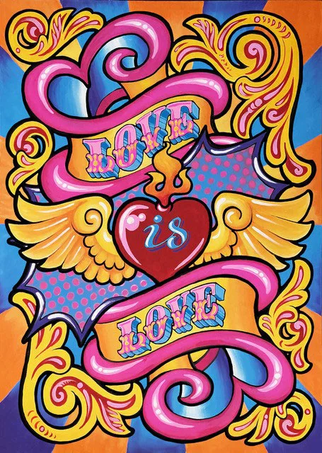 A vibrant, pop‑art style illustration filled with bold colors and swirling decorative shapes. At the center is a large red heart with golden wings and a small flame on top. Across the heart, the word “is” is written in blue. Surrounding the heart are bright pink ribbon banners with the words “LOVE” above and “LOVE” below, forming the phrase “LOVE is LOVE.” The background is a mix of orange, blue, yellow, and purple with ornate, swirling patterns that give the artwork an energetic, celebratory feel.