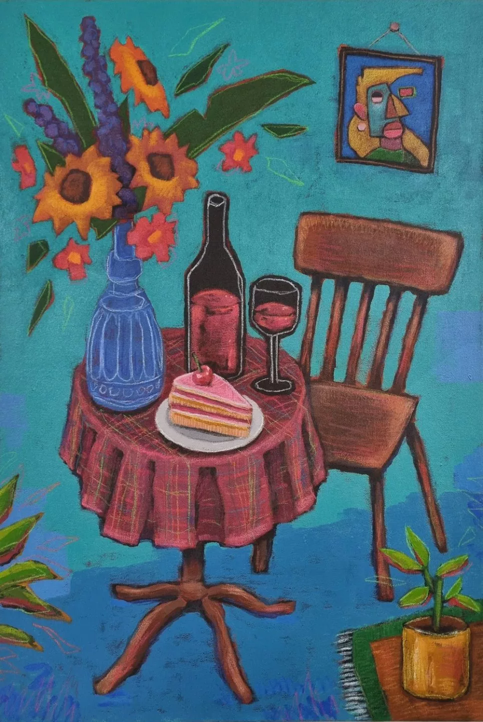 A colorful painting of a small round café-style table covered with a red plaid tablecloth. On the table sits a blue decorative vase filled with tall, vibrant flowers, including sunflowers and purple and orange blossoms. Next to the vase is a bottle of red wine, a filled wine glass, and a white plate holding a slice of layered pink cake topped with a cherry. A wooden chair with slatted backrest stands beside the table. The background is painted in bright turquoise, with a small framed abstract portrait hanging on the wall, showing a stylized face in bold colors. Green leafy plants peek in from the corners of the image, framing the scene. The overall style is playful and painterly, with thick outlines and lively, saturated colours.