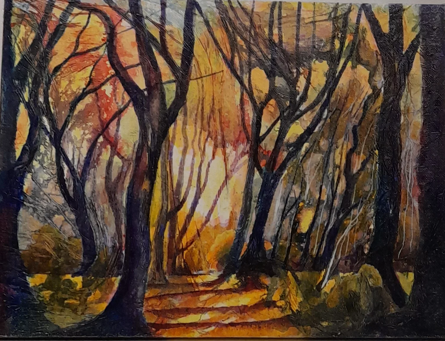 An atmospheric woodland scene painted in warm autumn colours. Tall, dark tree trunks and twisting branches frame a winding path leading into the distance. Layers of orange, gold and deep red light glow through the trees, with textured brushstrokes suggesting leaves and undergrowth.
