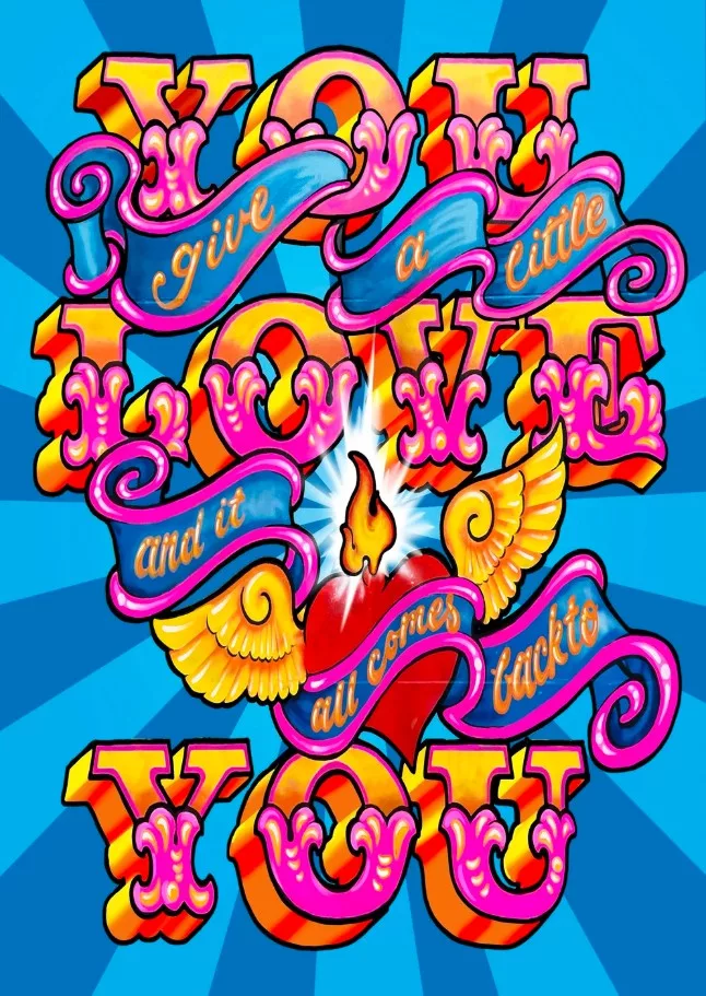 A bright, pop‑art style poster filled with bold, saturated colors and swirling decorative shapes. Large three‑dimensional yellow and orange letters spell the word “YOU” at the top and bottom of the image. In the center, the word “LOVE” appears in the same bold style. Flowing blue and pink ribbon banners weave through the composition, carrying the handwritten phrases: “give a little” above, and “and it all comes back to” below. At the center is a red heart with golden wings and a glowing flame rising from it. The background features radiating blue rays that make the colorful lettering and heart stand out dramatically. The overall style is energetic, retro, and celebratory.