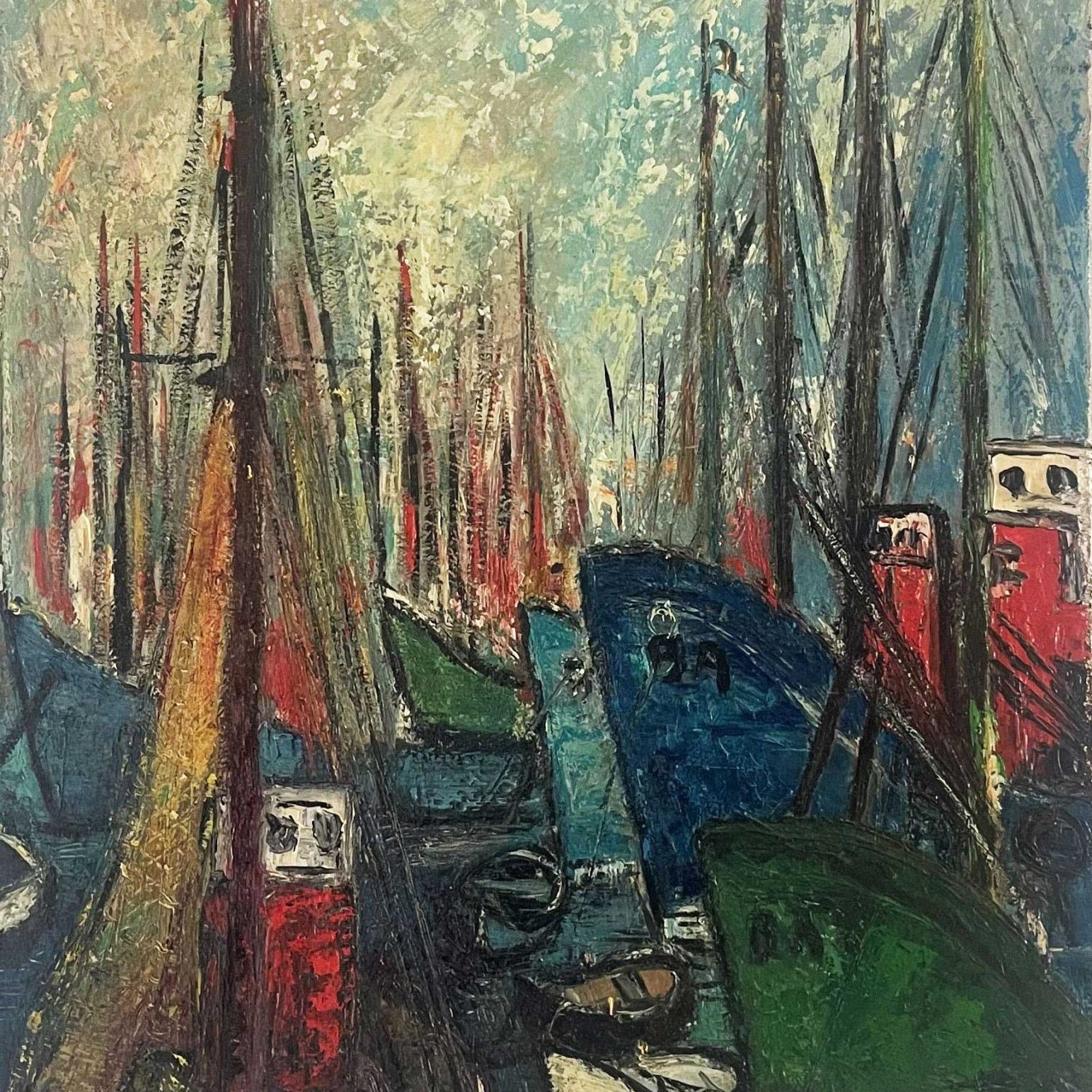 A vibrant impressionist-style painting of a harbor with multiple sailing vessels and boats. The scene features tall masts and rigging of sailboats in various colors including blue, green, and red. The boats appear to be docked in a harbor with a textured sky rendered in turquoise and yellow tones. The painting has thick, expressive brushwork characteristic of post-impressionist style.