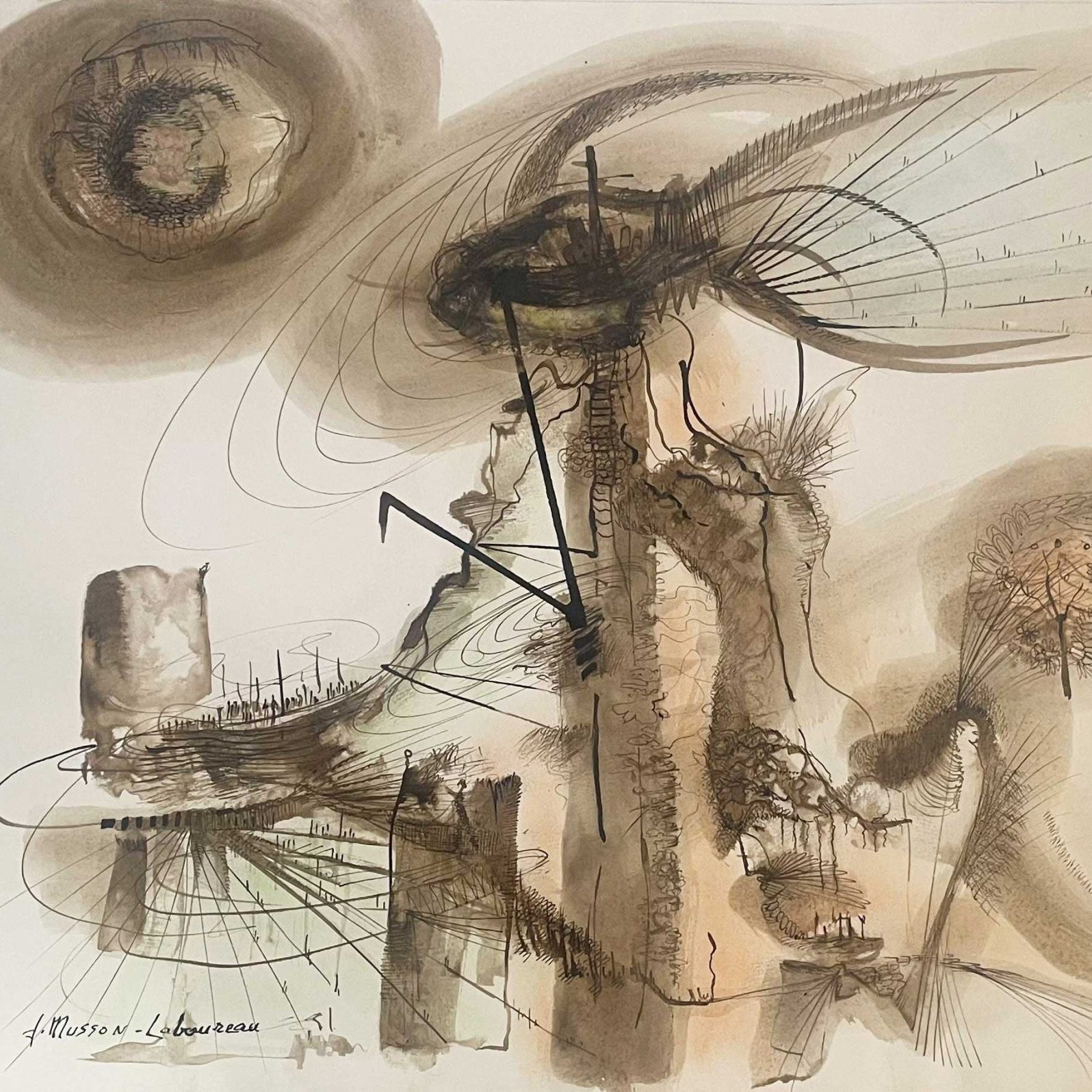An abstract drawing/painting in brown and black ink tones on cream paper. It appears to be a loose, gestural composition with flowing lines and organic forms. The work is signed "J. Musson-Laboureau" in the bottom left corner. The drawing features swirling lines, circular motifs, and biomorphic shapes that suggest movement.
