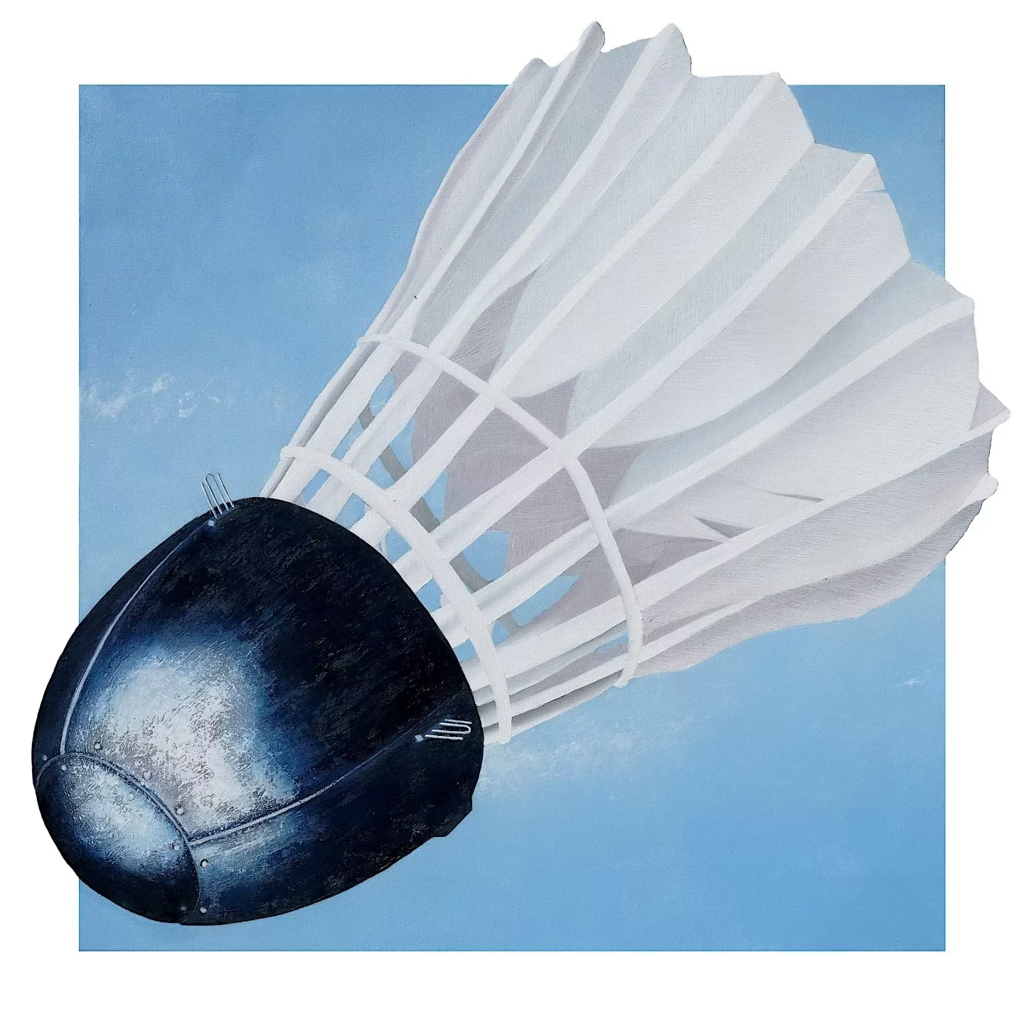 The artwork is an acrylic painting on canvas showing a surreal object flying through a clear blue sky. The object blends two familiar forms: the front half resembles the rounded metal nose of an aircraft or rocket, smooth and reflective, with a deep blue sheen and small rivet‑like dots suggesting panels. Attached to this metallic nose is the skirt of a badminton shuttlecock, painted as white, feather‑like structures that flare outward. The feathers are crisp and bright, contrasting with the sleek, heavy look of the aircraft nose. The sky behind it is a uniform, vivid blue, with no clouds or landscape—just open space, which makes the hybrid object appear to be soaring freely. The overall mood is playful and imaginative, mixing the lightness of a shuttlecock with the engineered precision of aviation. The acrylic medium gives the surface a slightly textured, hand‑painted feel, especially in the feathered section, while the nose appears smoother and more polished.