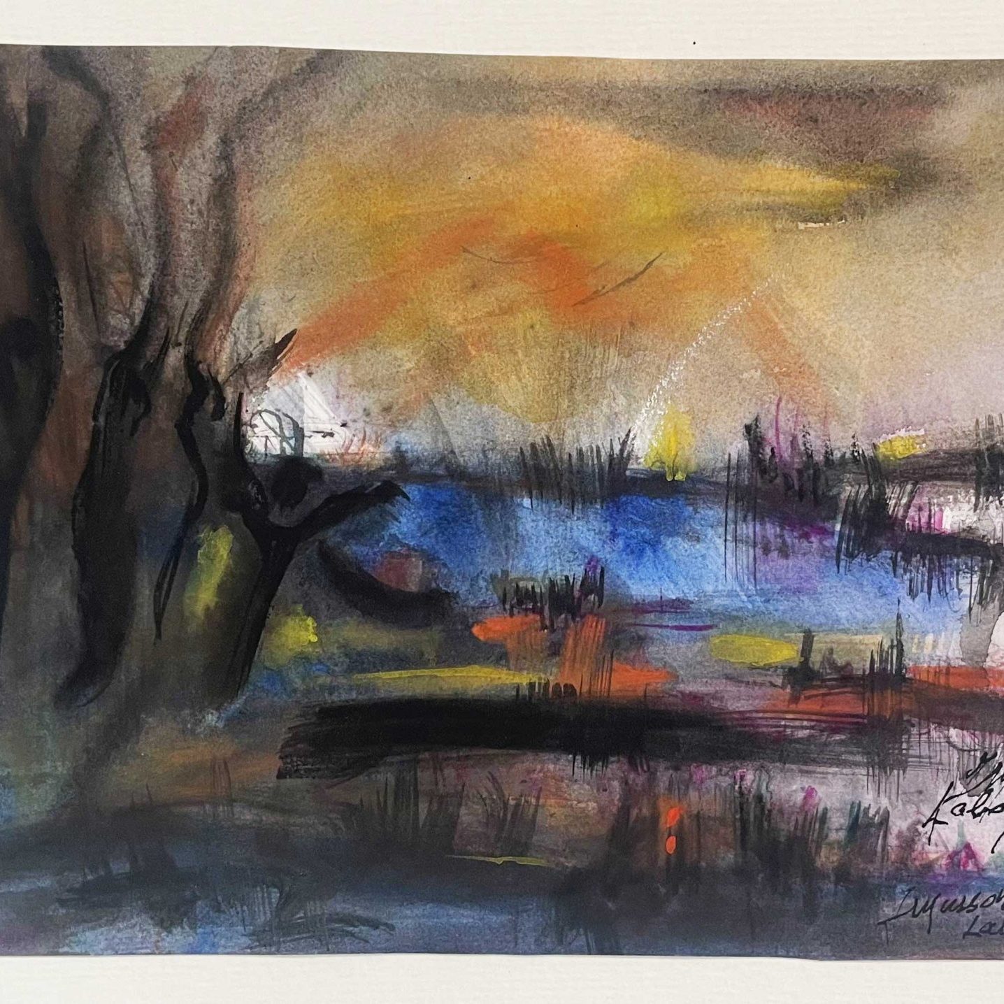 A landscape-oriented abstract watercolor with vibrant colors including orange, yellow, blue, and black. There appears to be a suggestion of a tree or vertical form on the left side with a blue area that might represent water in the middle. The horizon has warm orange and yellow tones suggesting a sunset. It's signed "Musson Laboureau" with what appears to be a date of 1998.