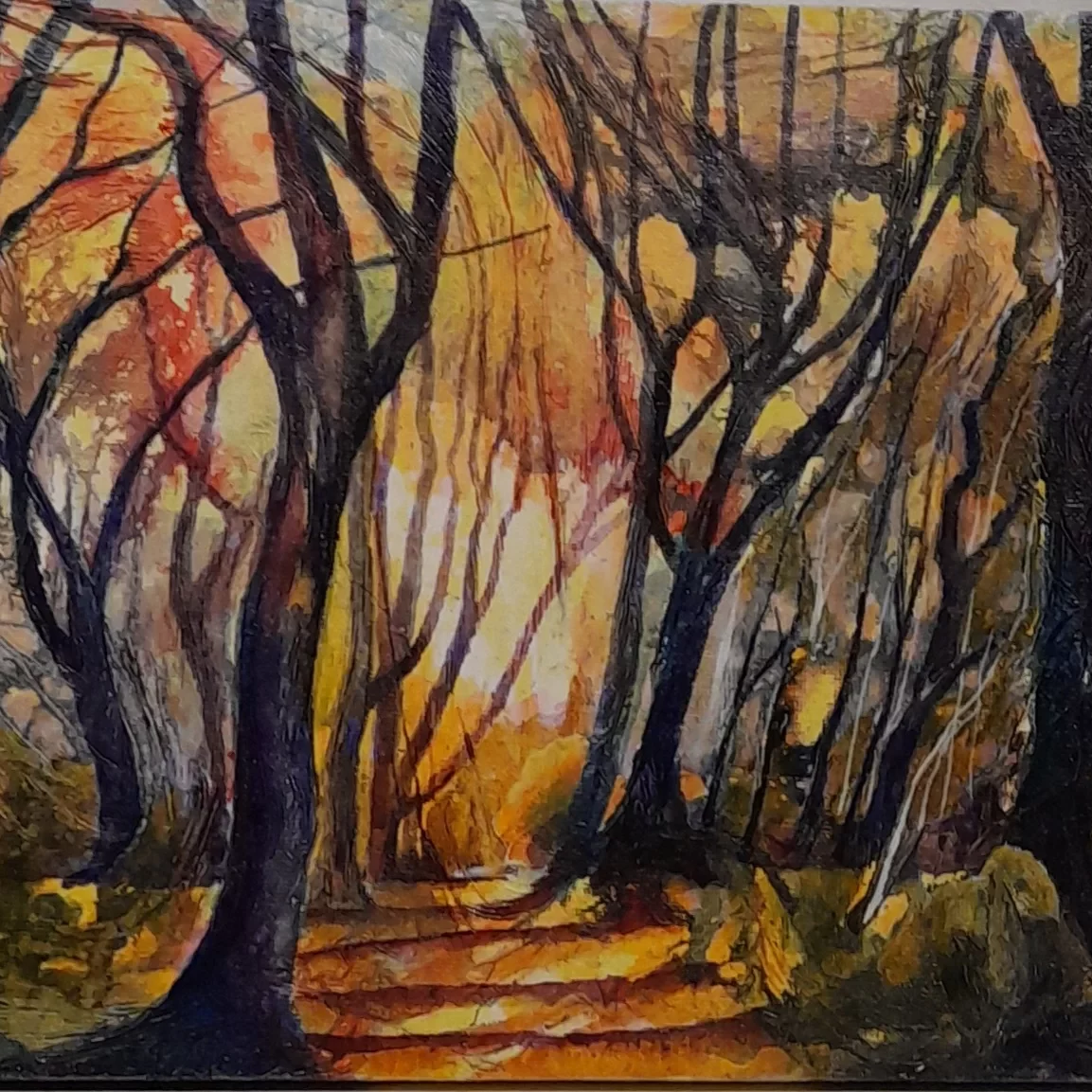 An atmospheric woodland scene painted in warm autumn colours. Tall, dark tree trunks and twisting branches frame a winding path leading into the distance. Layers of orange, gold and deep red light glow through the trees, with textured brushstrokes suggesting leaves and undergrowth.