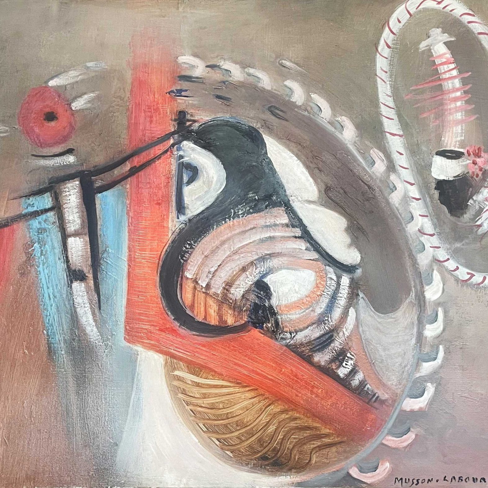 A more structured abstract painting with curved shapes in red, white, black, and blue. This work has a more defined composition with circular forms, curved lines, and a striped loop or arch on the right side. The background is a muted gray/beige tone, and it's signed "Musson & Laboureau" with a date at the bottom right.